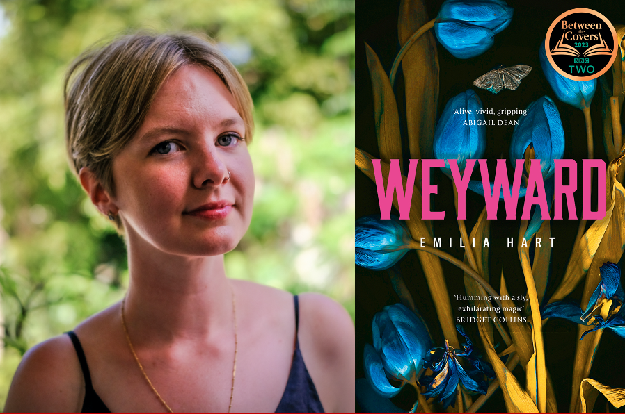 Photo of author Emilia Hart alongside image of Wayward book cover