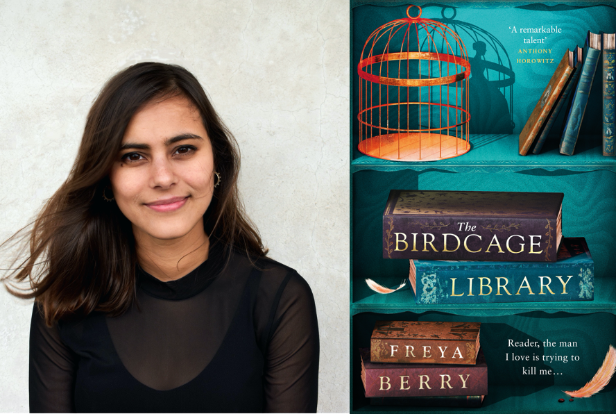 Photo of author Freya Berry alongside image of The Birdcage Library book cover
