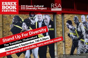 E-flyer for Stand Up For Diversity, showing a community mural by Polish Artist Jola as a backdrop.