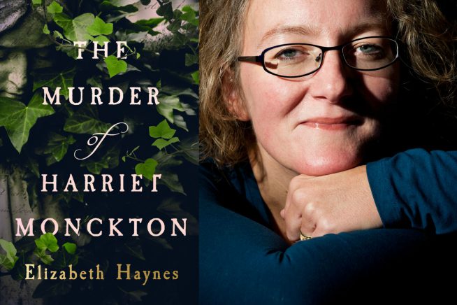 Image of author Elizabeth Haynes with the cover of her new book