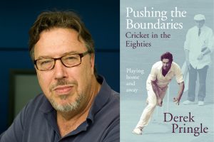 A photo of cricketer Derek Pringle and the cover of his new book