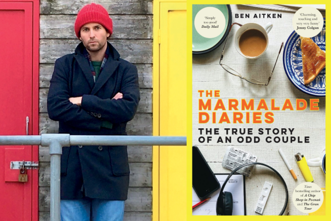 Photo of author Ben Aitken alongside image of The Marmalade Diaries book cover