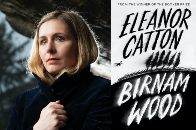 Photo of author Eleanor Catton alongside book cover image of Birnam Wood