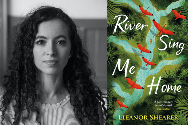 Photo of author Eleanor Shearer alongside image of River Sing Me Home book cover