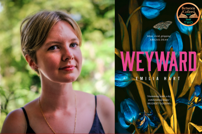 Photo of author Emilia Hart alongside image of Wayward book cover