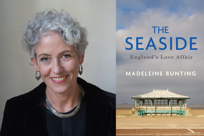 Photo of author Madeleine Bunting alongside image of The Seaside book cover