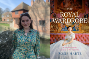 Photo of author Rosie Harte alongside image of The Royal Wardrobe book cover